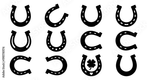 Lucky horseshoe vector icons set, black silhouette horse shoe symbols for good luck, 12 equestrian metal shoe elements for western design