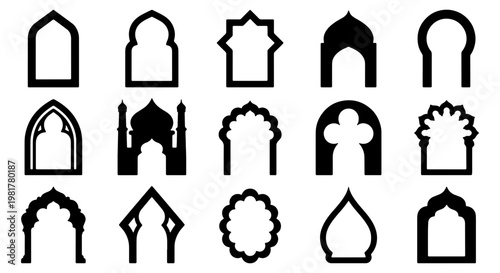 Islamic arch window set, 15 black silhouette oriental door frames, traditional arabic mosque architecture elements, middle eastern decorative borders