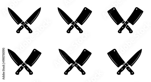 Professional crossed kitchen knives and meat cleaver icons, black butcher knife silhouettes, set of 6 culinary vector elements for restaurant logos