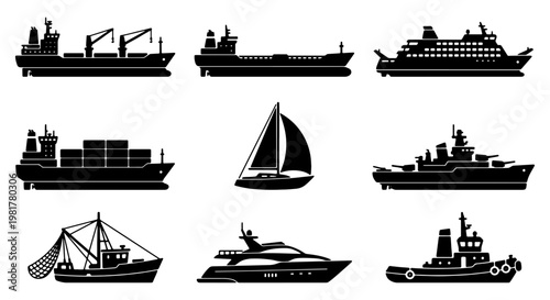 Maritime vessel silhouette collection, set of 9 cargo ship and boat icons, industrial ocean transport and nautical watercraft vector elements