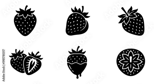 Black strawberry icon set with 6 vector elements, minimalist fruit silhouettes and sliced berry graphics, organic food symbols for menu design