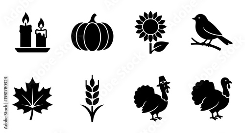 Thanksgiving autumn icon set, black silhouette fall harvest symbols, 8 vector elements including turkey, pumpkin, and maple leaf for seasonal design