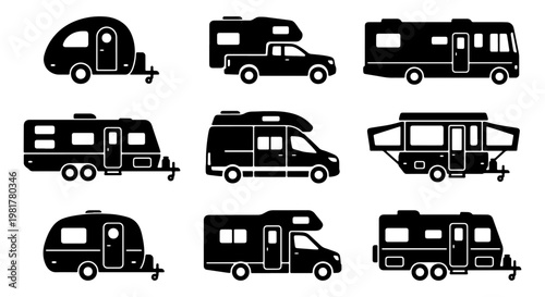Recreational vehicle silhouette icons set, 9 camper and motorhome vector elements, black travel trailer and caravan symbols for camping maps