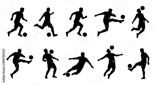 Soccer player silhouettes set, 10 football athlete vector elements, professional soccer players kicking and dribbling ball, athletic sports figures