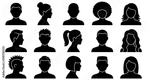 Minimalist avatar profile icons, set of 15 diverse people silhouettes, black headshot symbols for user interface and social media web design