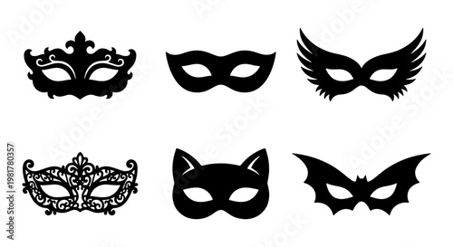 Masquerade mask silhouettes set, black carnival eye mask icons, 6 decorative party masks including cat and bat shapes, elegant lace and wing designs