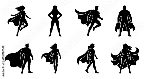 Superhero silhouette collection, set of 8 powerful male and female hero characters in capes, black vector icons of brave comic book figures