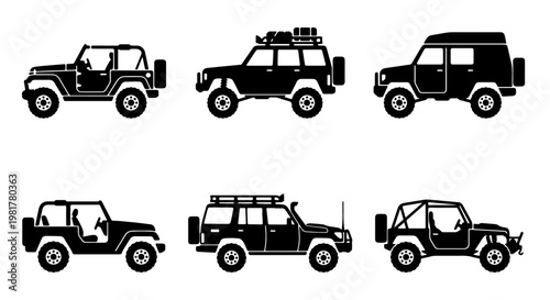 Off-road vehicle silhouette set, 6 black 4x4 suv icons, rugged adventure truck vector collection, all-terrain transport for camping and safari
