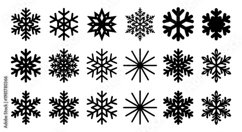 Minimalist snowflake icons set, 18 black winter snow crystal vectors, geometric frozen ice silhouettes for Christmas holiday decor and seasonal branding