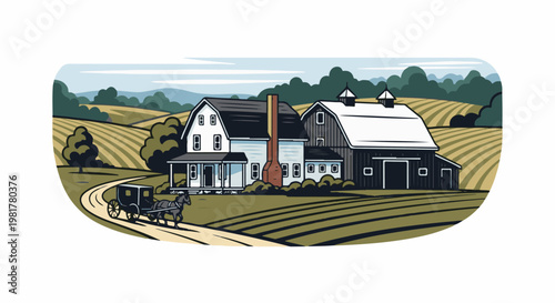 Pastoral scene with a horse-drawn carriage approaching a farmhouse and barn