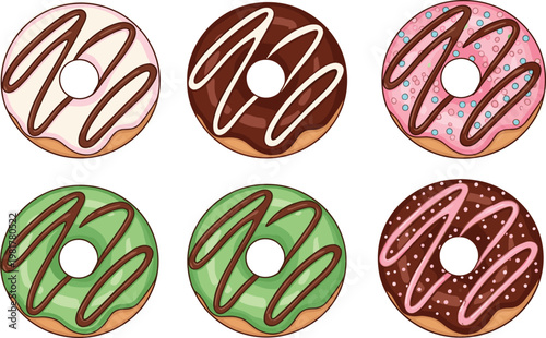 Assorted glazed donuts vector illustration featuring colorful chocolate drizzled doughnuts collection isolated on clean background for bakery dessert and sweet food design