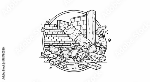Outline illustration of a collapsed brick structure within a circle