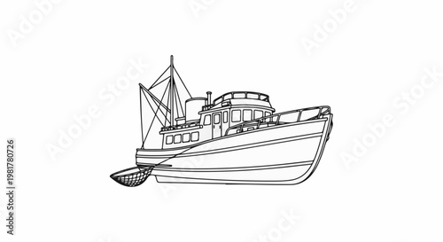 Outline illustration of a fishing trawler with rigging and net