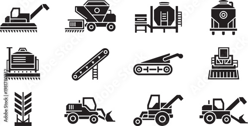 Industrial Agriculture Machinery and Farming Equipment Icon Set with Combine Harvester, Tractor, Silo, Conveyor Belt and Grain Processing Symbols