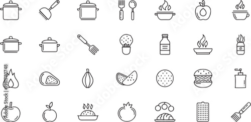 Cooking and Kitchen Line Icon Set with Utensils, Pots, Fresh Fruits, Vegetables, Healthy Meals, and Food Preparation Symbols in Outline Style