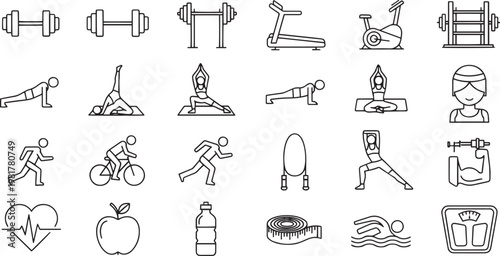 Fitness and Healthy Lifestyle Line Icon Set featuring Gym Equipment, Yoga Poses, Running, Cycling, Diet Nutrition and Wellness Symbols