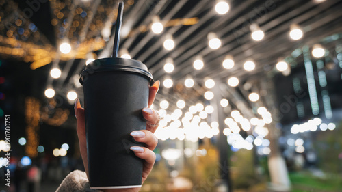 Close-up of a black paper coffee cup in women's hands against the background of a winter street with lights.