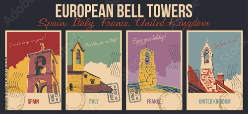 European Countries Bell Towers Attraction Postcard Set, Italy, France, Spain, United Kingdom Medieval Church Bell Towers Popular Place Illustrations, Vector Template Retro Style Greeting Cards