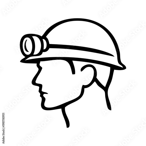 Logotipo con dibujo minimalista con líneas de la cara de un minero de perfil con casco con linterna frontal