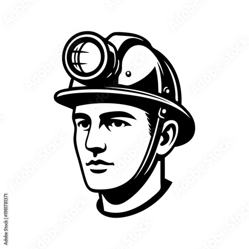 Logotipo con dibujo minimalista con líneas de la cara de un minero con casco con linterna frontal