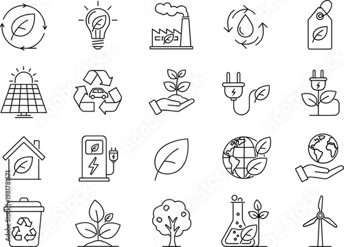Set of Eco Friendly and Sustainable Green Energy Line Icons Featuring Solar Panels Wind Turbines Recycling and Organic Nature Elements