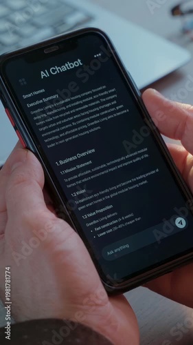 Close up of hands holding smartphone with AI chatbot application at workspace with laptop. Artificial intelligence assistant app helps improving business productivity. Vertical video