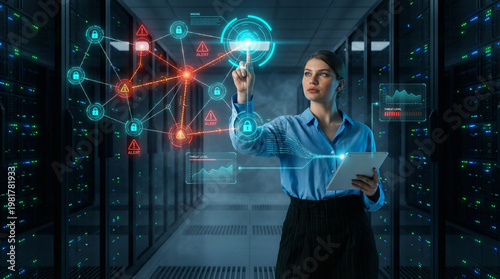 Network security analyst woman monitoring threat connections in server infrastructure