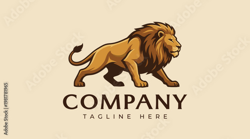A powerful logo design depicting a roaring lion in a proud stance, representing strength, leadership, and courage, an ideal symbol for corporations or organizations.