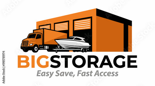 This logo illustration features a truck and a boat in front of storage units, representing reliability and convenience for storage solutions.