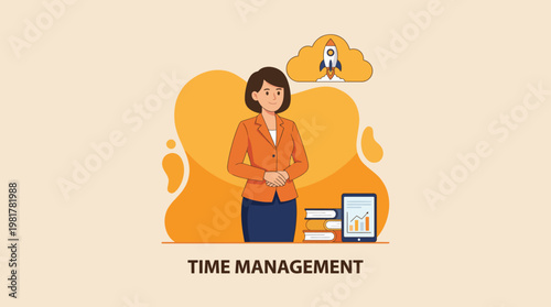 This professional image features a confident businesswoman with time management elements, including charts and clouds, ideal for coaching, business workshops, and productivity training.