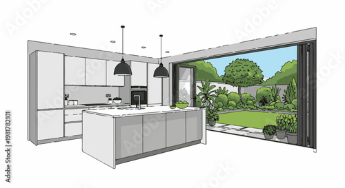 Modern kitchen island opens to lush green garden with trees and plants