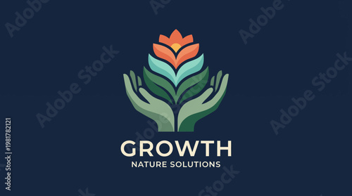 The logo represents growth and eco-friendliness, combining hands nurturing nature's beauty, symbolizing a commitment to sustainable practices and environmental solutions.