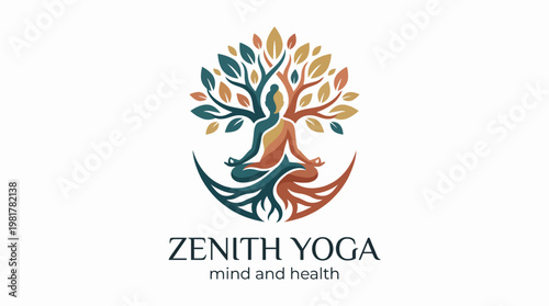 This logo captures the essence of mindfulness and well-being through the imagery of a tree and a meditative figure, promoting health and tranquility in yoga practices.