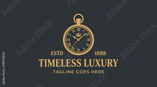 This sophisticated logo features a luxurious watch with a crown motif, embodying timeless elegance and high-quality craftsmanship, ideal for luxury brands.