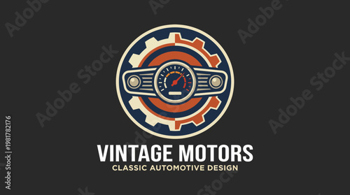 This logo design captures the essence of classic automotive design featuring a vintage dashboard alongside gears, appealing to car enthusiasts and collectors.