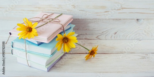 Stack of pastel books with yellow flower bookmarks on white wooden background. Concept of reading, studying, back to school.