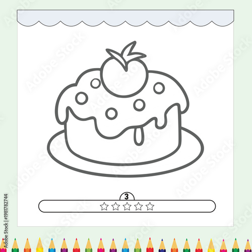 Cute cake coloring page with frosting and tomato topping for children