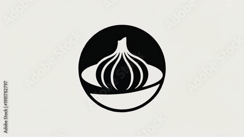 Minimalist Black and White Logo of Garlic Bulb in a Bowl