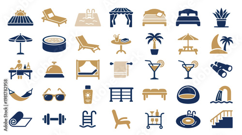 Summer Resort and Luxury Hotel Amenities Icon Set Blue Gold