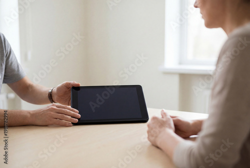 Man showing blank tablet screen to woman across table