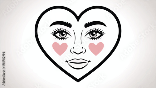 A Minimalist Black and White Illustration of a Heart with a Human Face and Blush Cheeks