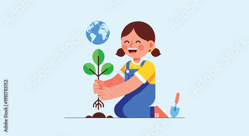 A happy cartoon girl planting a small tree with a globe in the background, symbolizing environmental care and nature conservation.
