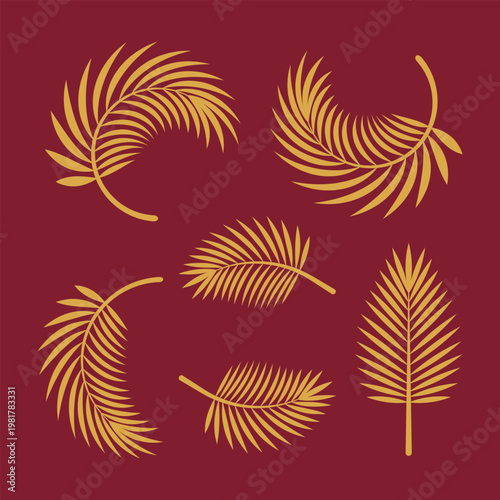 Golden Palm Leaf Set Five Poses on Red Background