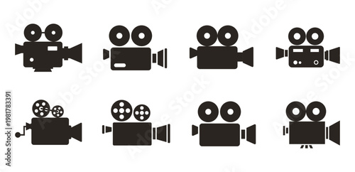 Vintage Movie Camera Icon Set Black Silhouette Eight Styles
