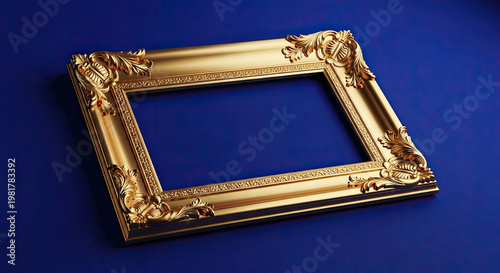 A luxurious gold picture frame on a blue background