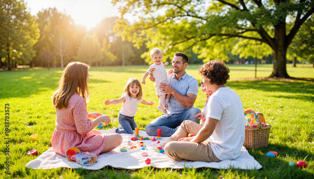 Fototapeta premium Joyful family picnic in sunny park, celebrating togetherness