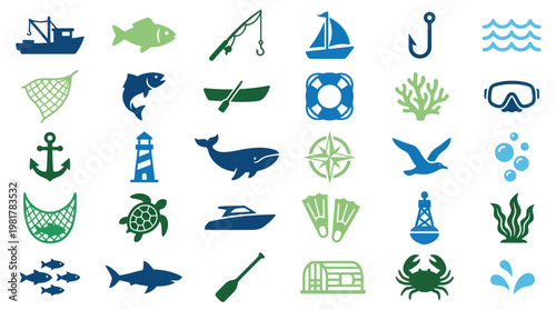 Nautical Sea Life Fishing and Maritime Navigation Vector Icon Collection