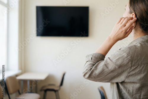 Woman adjusting hair or earpiece in an office setting