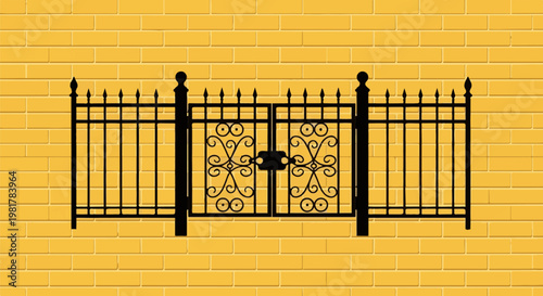 Ornate black metal double gates stand before a textured yellow brick wall