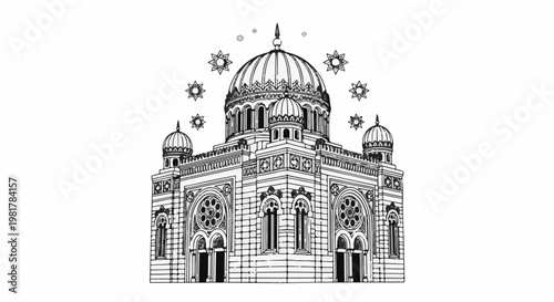 Ornate building with domes and decorative stars rendered in a detailed line art style